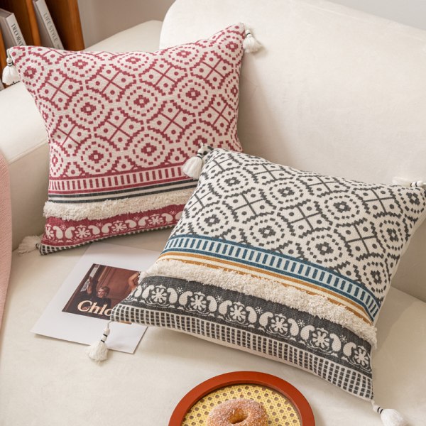 Boho Tuftede Dekorative Pyntepudebetræk til Sofa - Moderne Marokkansk Pudebetræk med Kvaster, Soveværelse Stue Bil Hotel, 45x45 cm AA003