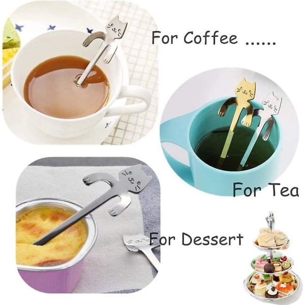 Kaffeskjeer i rustfritt stål med katt - Dessertskjeer med hengende design for katter, kaffe, desserter, milkshake