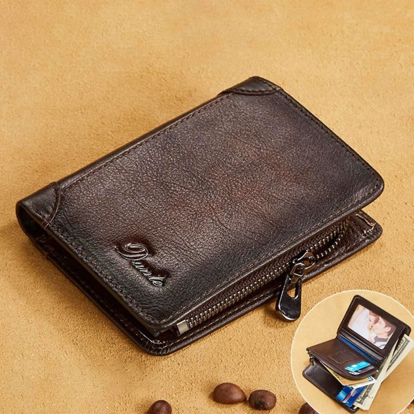 Retro Top Layer Kohud Herr Kort plånbok RFID-blockerande myntkortshållare med dragkedja Coffee