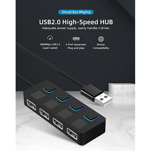 4-portars USB 2.0-datahubb - Denna USB-hubb har individuella LED-upplysta strömbrytare och är lämplig för användning med Mac och PC. Observera att den inte stöder laddning.
