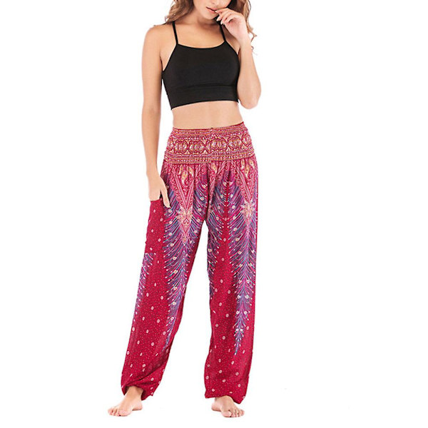 Boho Joogahousut Naisille - Painetut Pilateshousut Löysällä Istuvuudella ja Pussimaisella Harem-tyylillä - Täydelliset Rannalle, Joogaan, Tanssiin ja Muuhun Wine Red One Size
