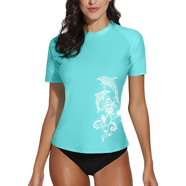 Kvinnors kortärmad skjorta surftopp badkläder sommar simning sport Upf 50+ blommig Aqua XXL