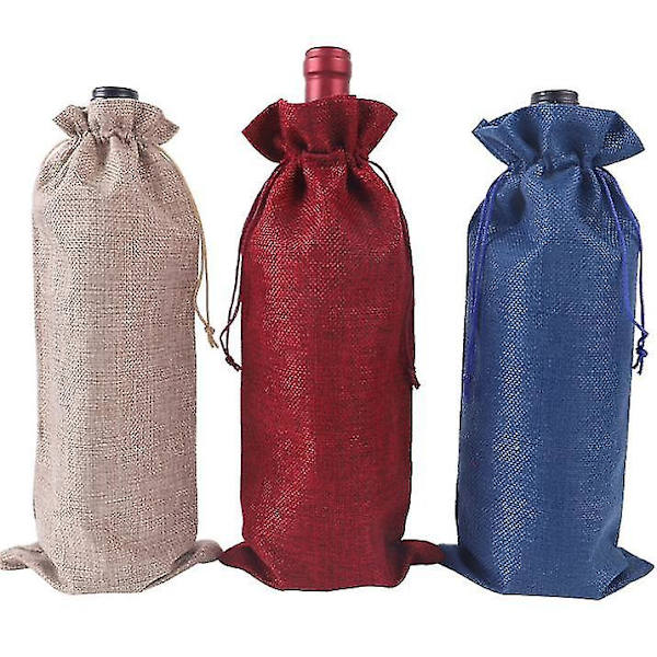 6 stycken återanvändbara rödvin/champagneflaska säckar i säckväv med dragsko (beige säckvävssäckar 6,3 B x 14,2 L), vinröd