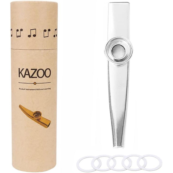 Metallinen Kazoo, Alumiiniseoksesta valmistettu Kazoo 5 Kazoo-huilukalvolla ja kauniilla laatikolla musiikki-instrumenttien ukulele-kitarakumppaneille