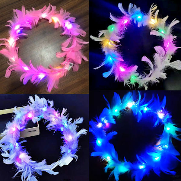 8 Pakning Fjærkrone Hodebånd Lysende med 10 LED-lys, Lysende Hodeplagg med Fargeskiftende LED-lys, Søte Blinkende Dekor Hårtilbehør