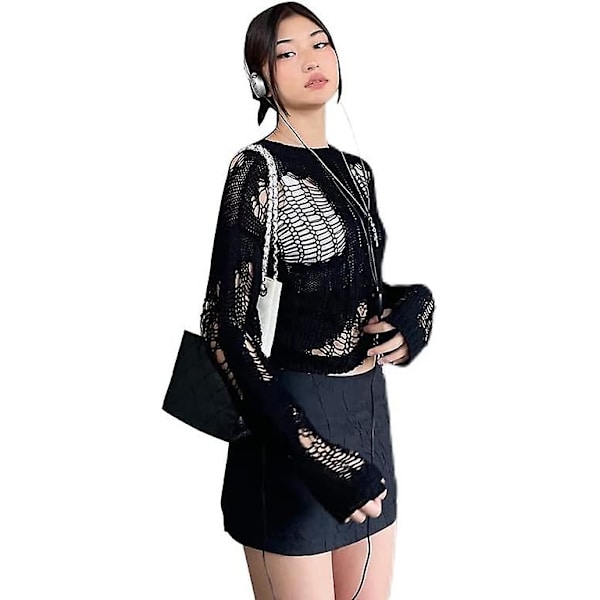 Dame Hul Ud Hæklet Strik Trøje Crop Tops Langærmet Trøje Cropped Style 5 S