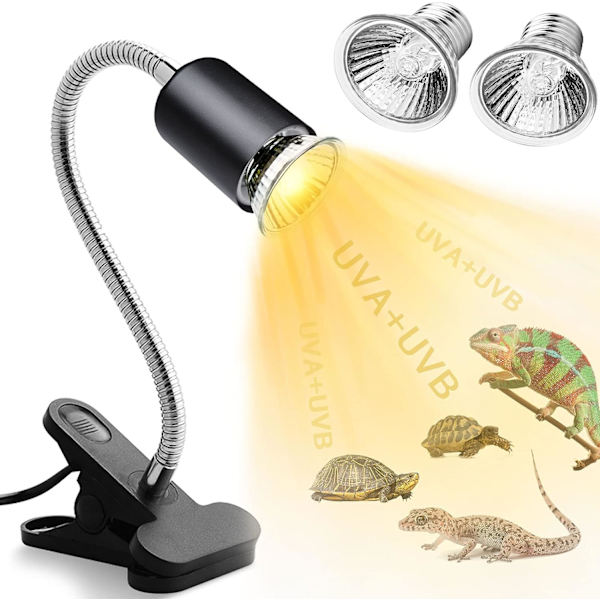Akvarie Varmelampe Skildpaddelys med Klemme, 2 UVA UVB Pærer (50W), Justerbar Holder til Sollampe, Lyslampe Kæledyrsopvarmning Firben Slange Reptil Skildpadder