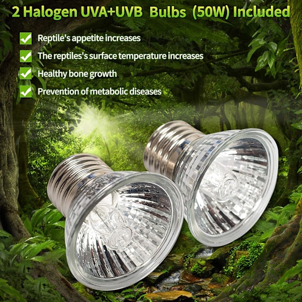 Akvarie Varmelampe Skildpaddelys med Klemme, 2 UVA UVB Pærer (50W), Justerbar Holder til Sollampe, Lyslampe Kæledyrsopvarmning Firben Slange Reptil Skildpadder