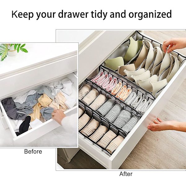 6 Undertøjsskuffe Organizer Foldbar Sok BH Skuffe Divider, Vaskbare Opbevaringsbokse Til BH'er, Trusser, Strømper, Slips Og Tørklæder (6+7+11 rum), Grå