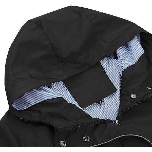 Dame Lang Vandtæt Jakke med Hætte Letvægts Regnfrakke Vindjakke Udendørs Trenchcoat Black L