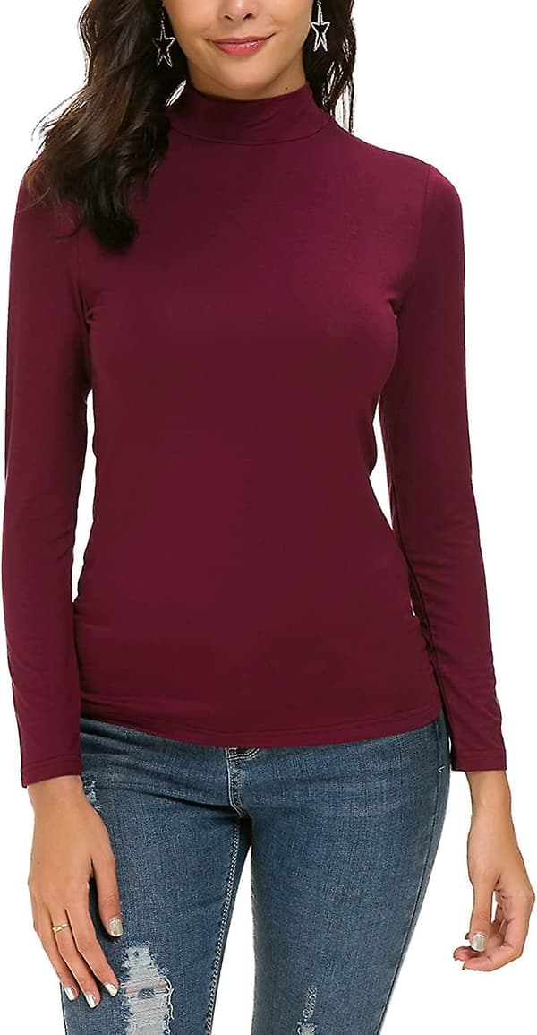 Kvinnors Slim Fit Mock Turtleneck Toppar Långärmad Stretch Pullover Enfärgade T-shirts