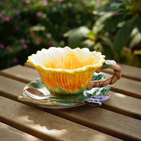 Keramisk kaffemugg och fat set med sked, 3d handgjord och handmålad design tekopp, födelsedagspresenter för kvinnor 8oz, morgon ära Sunflower