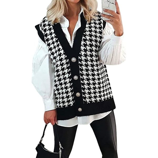 Strikket sweatervest til kvinder Houndstooth sweatre Løs V-hals strikket vest S