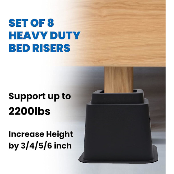 Sengebenforhøjere 4 tommer - Kraftige sengebenforhøjere, understøtter op til 1000 kg, nemme at installere, perfekte til seng, bord, stol, sofa Black 4 inch  8 Pack