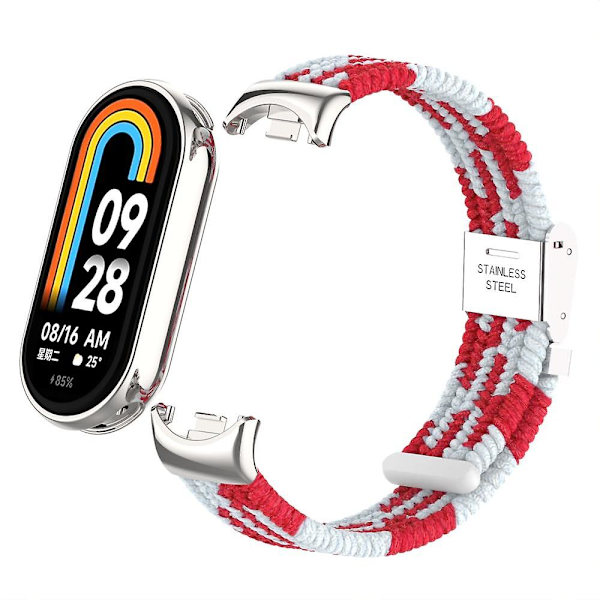 För Xiaomi Smart Band 8 flätad nylon klockarmband justerbart spänne elastiskt band Red White