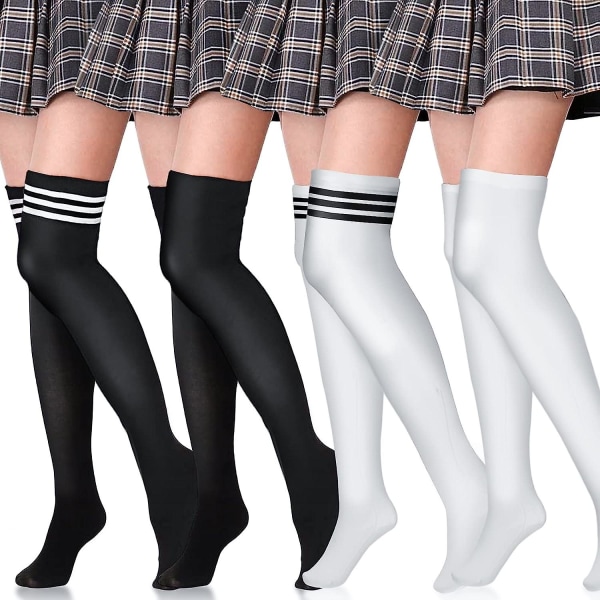 4 par över knä och lårstrumpor håller upp strumpor för kvinnor håller upp strumpor över Black white bars white M