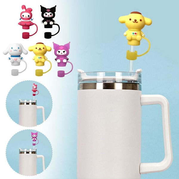 Cinnamoroll Mymelody Kuromi Tecknad Silikon Sugrör Lock Docka Kawaii Skydd Dricksstrå J2e8 yellow 1pc