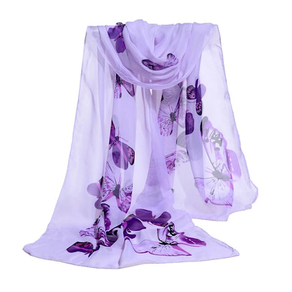 Lång chiffonsjal för kvinnor, fjärils- och blomstermönster, mjuk sjal, siden Ladi R1V9 Purple 1pcs