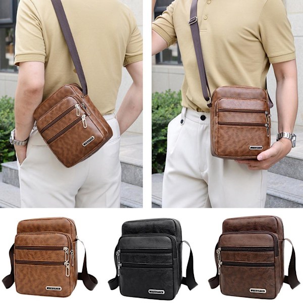 Enkel Crossbody-väska i PU-läder för män, flera lager, stor kapacitet, fritid R0a8 Brown onesize