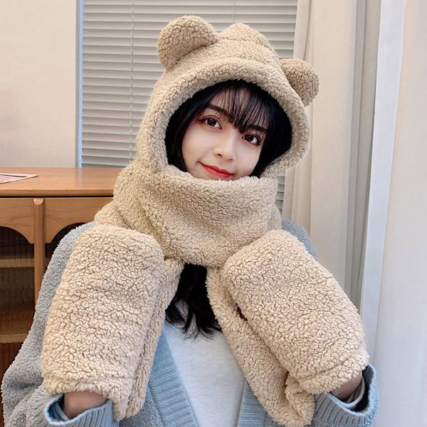 Varm Björn Öron Hatt Casual Plysch Hatt Halsduk Set Mode Vinter Björn Hatt Ny C9 U9M9 beige One size