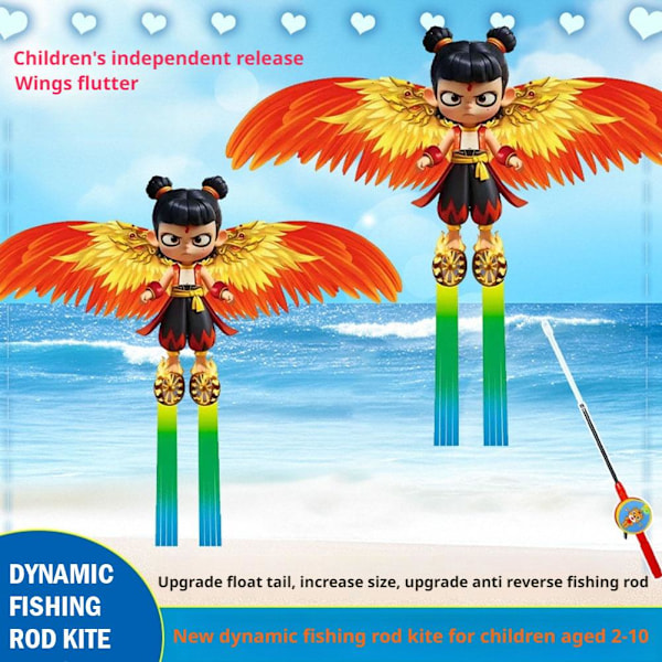 Mini tecknad drake för barn med fiskespö, handhållen vinddrake med spö Eagle with fishing rod