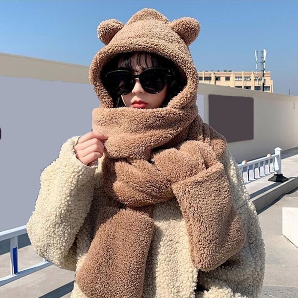Varm Björn Öron Hatt Casual Plysch Hatt Halsduk Set Mode Vinter Björn Hatt Ny C9 U9M9 beige One size