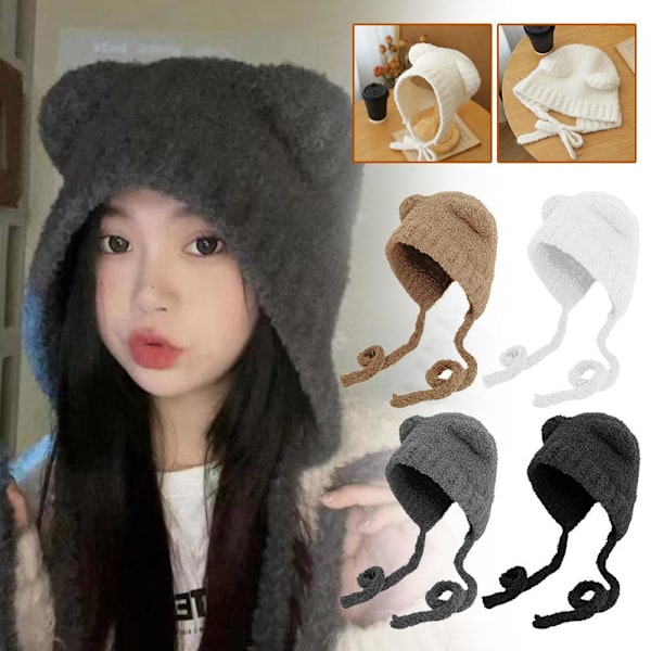 Varm Vinter Söt Björnöron Trapper Hatt Dam Tjejer Öronlapp Virkad Plysch Hatt V5 Gray One size
