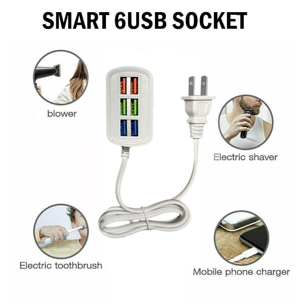 Universal USB-laddare för smartphone, 6 USB-portar, multi-port, laddningsstation