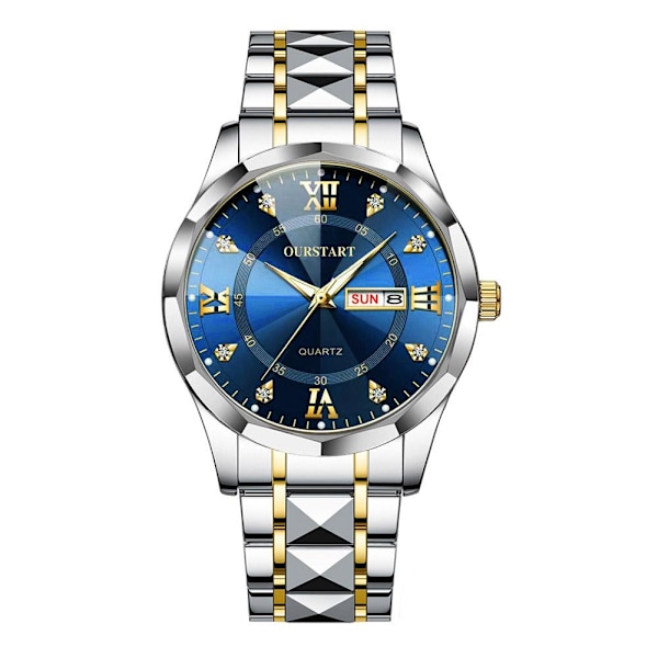 Originell Lyxig Dubbel Kalender Herrklocka Mode Vattentät Legering Herrklocka Självlysande D0o6 Blue One size