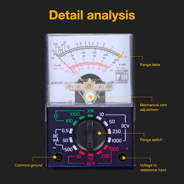 MF-110A AC/DC Analog Multimeter, 1000V Voltmeter, OHM-mätare, Amperemeter med testkablar, Kompakt digital spänningstestare, Batteri ingår för E