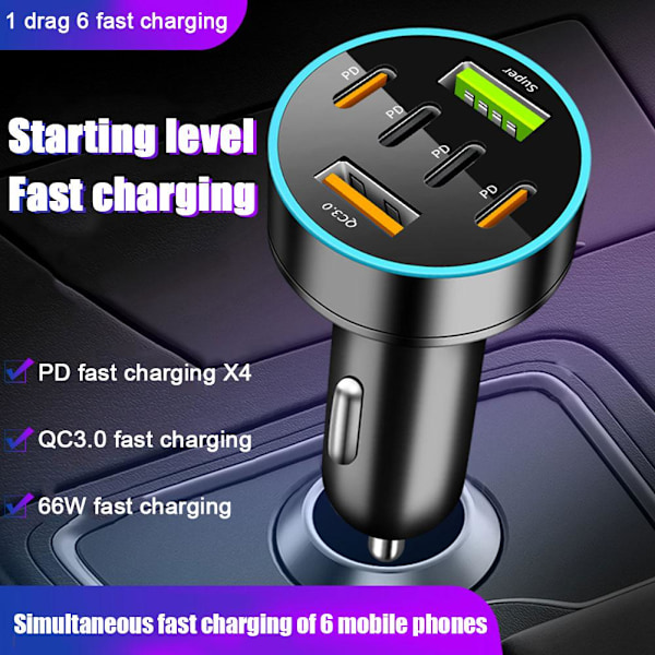 66W Billaddare 4 USB Typ C Snabbladdning Biltelefonadapter Med Digital D I9I8 2PD 4USB onesize