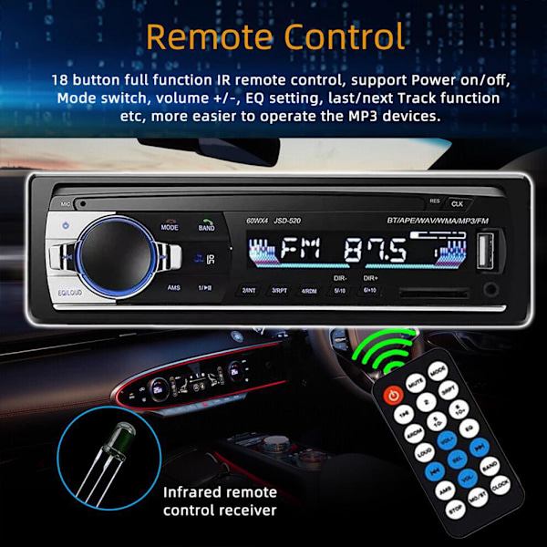 1 DIN Bluetooth Bilstereo Handsfree In-dash MP3/USB/SD/FM/AUX+F