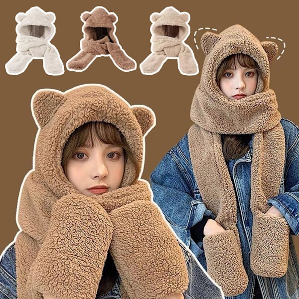 Varm Björn Öron Hatt Casual Plysch Hatt Halsduk Set Mode Vinter Björn Hatt Ny C9 U9M9 beige One size