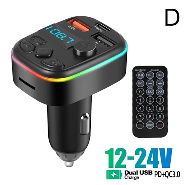 Bluetooth 5.0 Bil FM-sändare Adapter 2USB Laddare A BlackD B+remote control