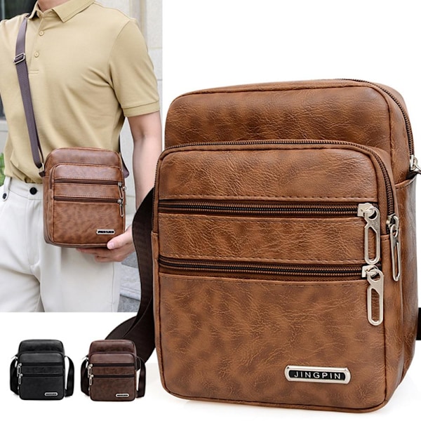 Enkel Crossbody-väska i PU-läder för män, flera lager, stor kapacitet, fritid R0a8 Brown onesize