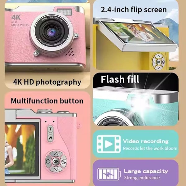 4K Digitalkamera för Foto, Portabel Retrokamera med Vridbar Skärm, Kompakt Retrokamera för Utomhusbruk White 1 set