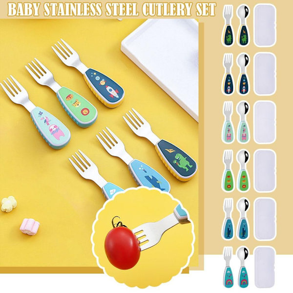 Tecknad Sked Gaffel Set, Livsmedelsgodkänd Bärbar Baby Stål Söta Redskap, Träning Äta Q9g2 rainbow 2pcs