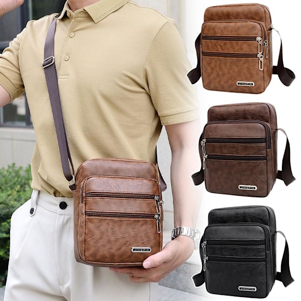 Enkel Crossbody-väska i PU-läder för män, flera lager, stor kapacitet, fritid R0a8 Brown onesize