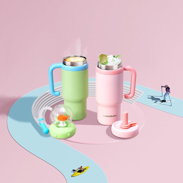 68 cl Fontän Tumbler med Rolig Fontän Effekt, Rostfritt Stål Val Fontän Tumbler med Handtag, Spill-Säker Isolerad Vattenflaska med Tw