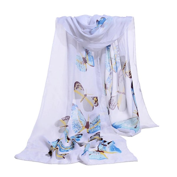 Lång chiffonsjal för kvinnor, fjärils- och blomstermönster, mjuk sjal, siden Ladi R1V9 White 1pcs