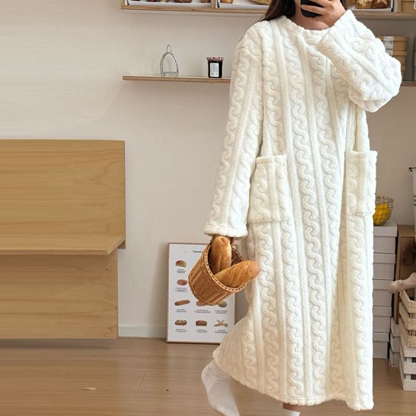 Dam Vinter Tjock Nattlinne Mjuk Korall Sammet Sovkläder✨f Långärmad 9CU2 White One size