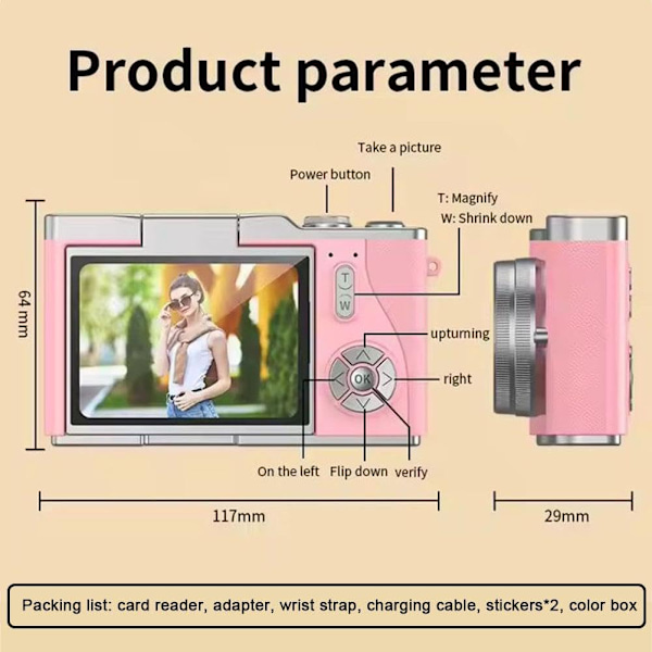 4K Digitalkamera för Foto, Portabel Retrokamera med Vridbar Skärm, Kompakt Retrokamera för Utomhusbruk Pink 1 set