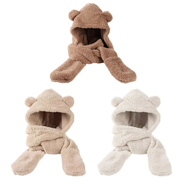 Varm Björn Öron Hatt Casual Plysch Hatt Halsduk Set Mode Vinter Björn Hatt Ny C9 U9M9 beige One size