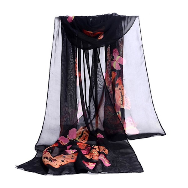 Lång chiffonsjal för kvinnor, fjärils- och blomstermönster, mjuk sjal, siden Ladi R1V9 White 1pcs