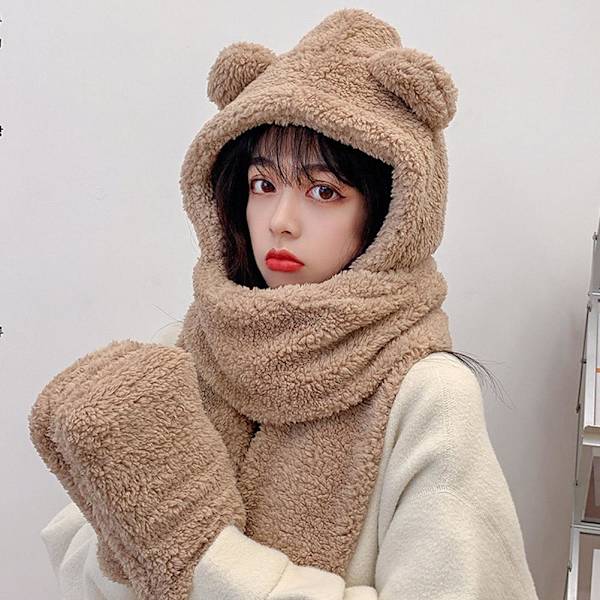 Varm Björn Öron Hatt Casual Plysch Hatt Halsduk Set Mode Vinter Björn Hatt Ny C9 U9M9 beige One size