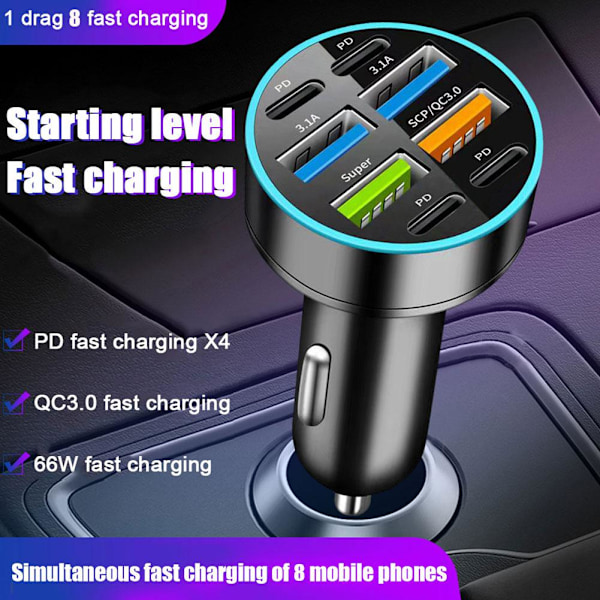 66W Billaddare 4 USB Typ C Snabbladdning Biltelefonadapter Med Digital D I9I8 2PD 4USB onesize