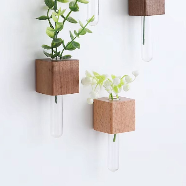 Kylskåpsmagneter Vas, Mini Glasvas, Magnetisk Väggplanta i Trä beech S 1pcs
