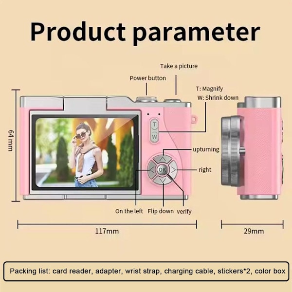 4K Digitalkamera för Foto, Portabel Retrokamera med Vridbar Skärm, Kompakt Retrokamera för Utomhusbruk Pink 1 set