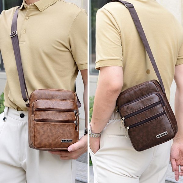 Enkel Crossbody-väska i PU-läder för män, flera lager, stor kapacitet, fritid R0a8 Brown onesize