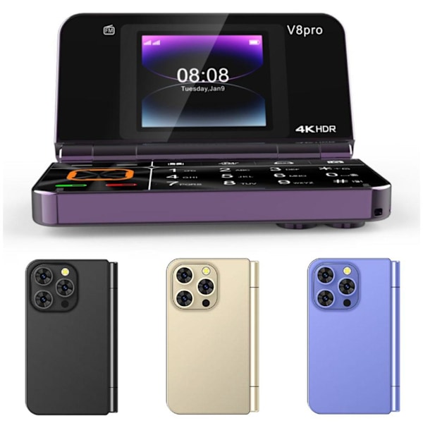 V8pro Dubbelskärm Vikbar Sidoflip Funktionstelefon Stor Knapp D purple 1pcs